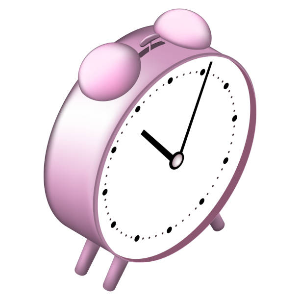 흰색으로 분리 된 다리에 동급 식 기계 경보 시계. 상단에 망치와 종. 부드러운 그림자가 있는 분홍색 바디. - white background color image alarm clock deadline stock illustrations