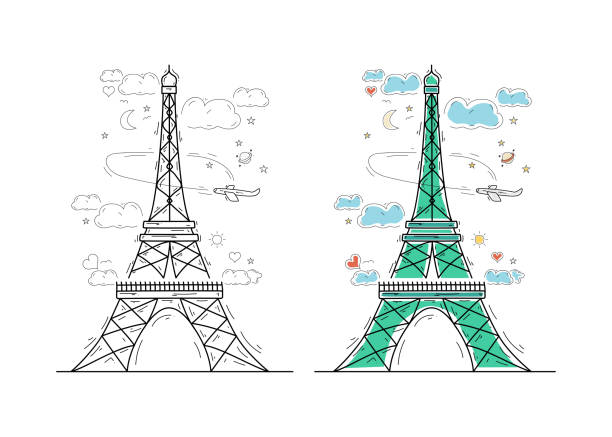 эйфелева башня нарисована от руки. иллюстрация достопримечательности города - eiffel tower paris france france tower stock illustrations