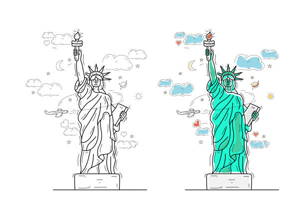 도서관 손으로 그린 디자인의 동상. 도시 랜드 마크 일러스트. - crown liberty statue stock illustrations