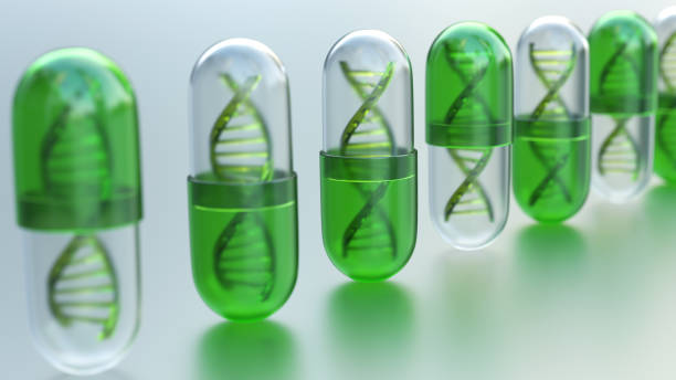 istock Green glass capsules or pills with DNA structure 1358945843