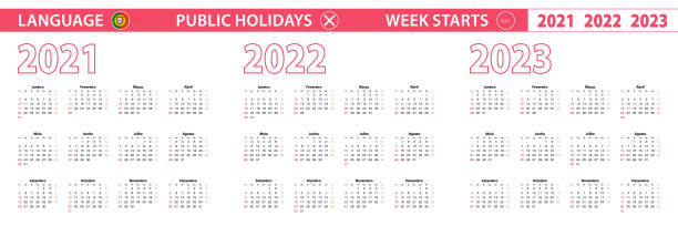 ilustrações de stock, clip art, desenhos animados e ícones de 2021, 2022, 2023 year vector calendar in portuguese language, week starts on sunday. - portuguese language