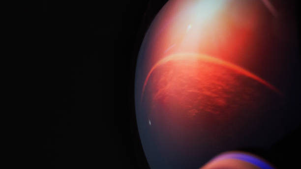 A Martian terrain with desolate, dust-covered plains and distant rugged mountains, enveloped in an orange haze and fog