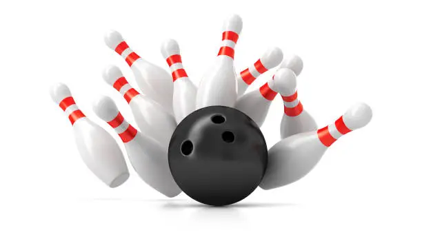 Strike. Ten bowling pins and bowling ball isolated on the white background.
