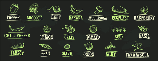 product names and line art illustrations of vegetables and fruits in grunge style for publishing recipes or menus. Graphic elements and lettering for banners or ads