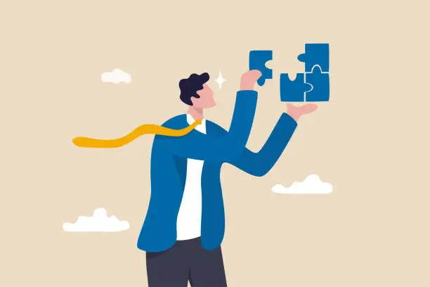 Vector illustration of Solve problem or solution to achieve business success, decision, creativity or skill to overcome difficulty and finish work concept, smart businessman solving jigsaw puzzle problem.