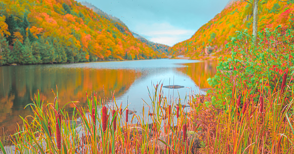 A lake perspective looking through a canyon surrounded by fall colors in the Adirondacks of upstate New York.