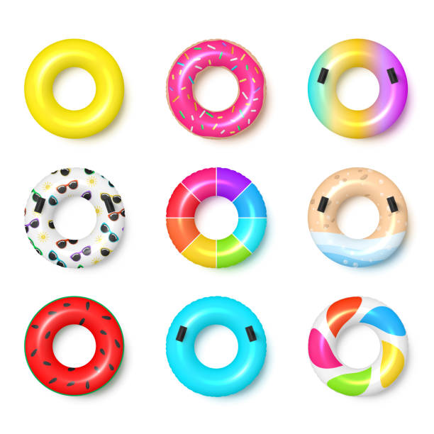 Collection multicolored realistic rubber swim ring top view vector illustration swimming ring toy Collection multicolored realistic rubber swim ring top view vector illustration. Colorful swimming ring toy with doughnut, rainbow, watermelon, beach, sunglasses pattern isolated. Summer lifebuoy inflated pool stock illustrations