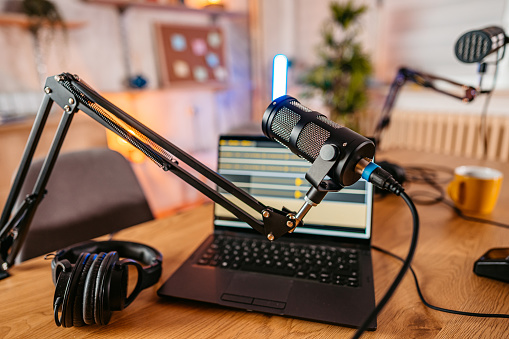 Professional microphone and laptop monitor on the background .