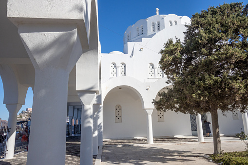 Candlemas Holy Orthodox Metropolitan Cathedral of Firá in Santorini on South Aegean Islands, Greece. Built in 1827, the church was damaged during the 1956 earthquake, but has since been repaired
