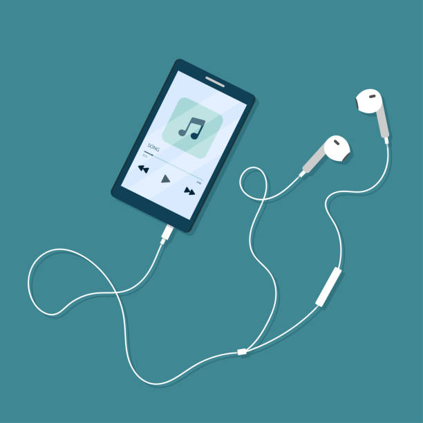 music player on mobile phone screen with earphones. vector illustration in flat cartoon style. - spotify stock illustrations
