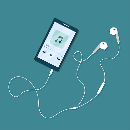 Music player on mobile phone screen with earphones. Vector illustration in flat cartoon style.