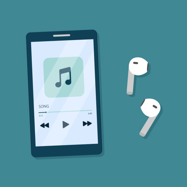 music player on mobile phone screen with wireless earphones. vector illustration in flat cartoon style. - spotify stock illustrations