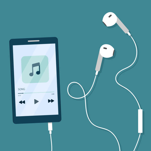 white mobile phone with wired headphones. phone screen with open media player. smartphone music player user interface concept. vector illustration in flat cartoon style. - spotify stock illustrations
