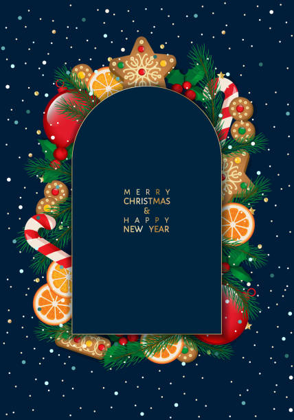 kartka wesołych świąt i szczęśliwego nowego roku z choinką i piernikami w kształcie łuku - christmas market stock illustrations