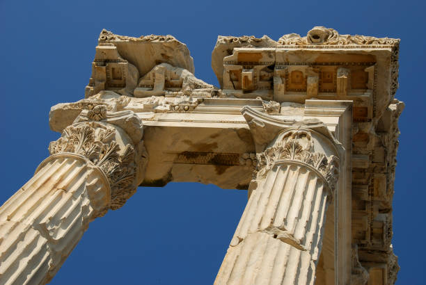 Ancient building columns in ruins on the Acropolis of Pergamon, Bergama, Turkey.