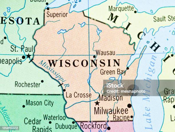 Wisconsin - Fotografie stock e altre immagini di Carta geografica - Carta geografica, Wisconsin, Milwaukee