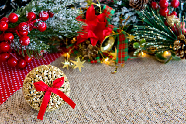 istock Christmas ornament, Christmas tree ball on a decorated table. 1358956542