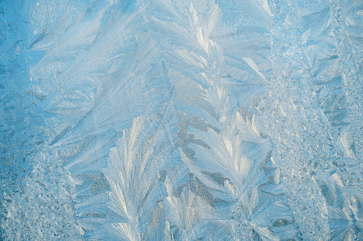 A fabulous ice ornaments window in a light blue color scheme possible only in a very cold winter