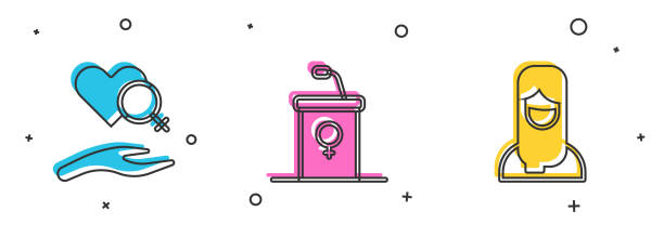ilustrações de stock, clip art, desenhos animados e ícones de set heart with female gender, debate podium rostrum and muslim woman in hijab icon. vector - sex and reproduction audio