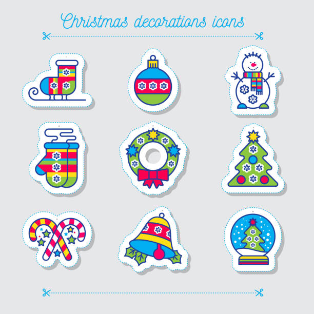 ilustraciones, imágenes clip art, dibujos animados e iconos de stock de conjunto de iconos de feliz navidad. formas de color de muñeco de nieve, patines, mitones, corona, bola, bola de nieve de campana, dulces, árbol de navidad. tarjeta de año nuevo. - vector bell christmas lights celebration