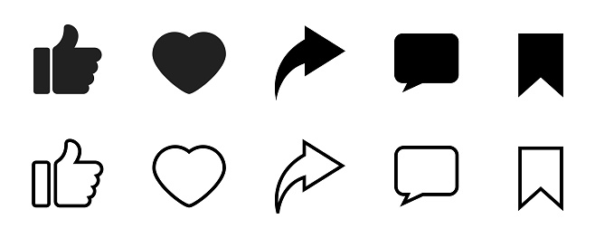 Like, share, comment symbol. Thumb up and like heart. Comment and share icon set. Outline and filled