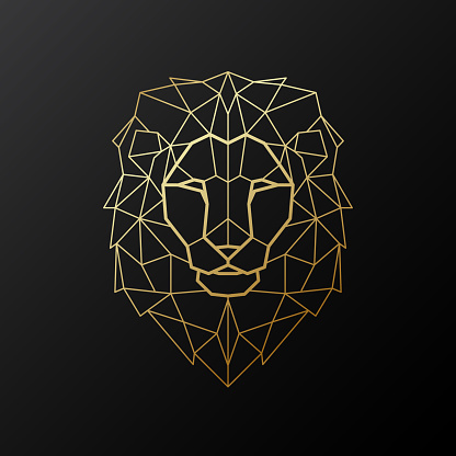 Vector Lion head illustration in polygonal style. Golden geometric Lion silhouette on black background. Vector mascot.