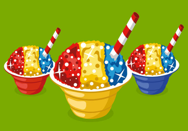 Snow Cone Cartoon Illustration Shaved Ice Sweet Cone Refreshing Frozen Syrup Dessert snow cone stock illustrations
