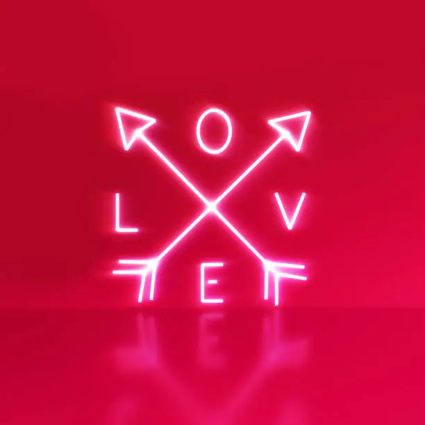 Valentines day concept. Neon luminous board of arrow and love text on red reflecting background. 3D Illustration.