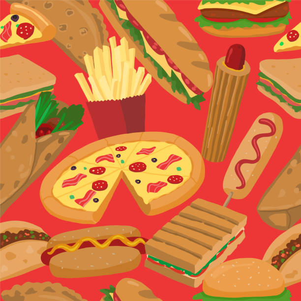 istock Fast food seamless pattern. Delicious food colored ornament. Cartoon vector illustration. Modern design for decor, wallpaper, background, textile. 1358970652