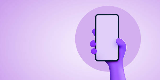 istock Cute cartoon hand holding mobile smart phone. Modern mockup. 1358970897