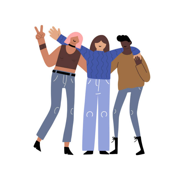 ilustrações de stock, clip art, desenhos animados e ícones de three friends hugging - three people women teenage girls friendship
