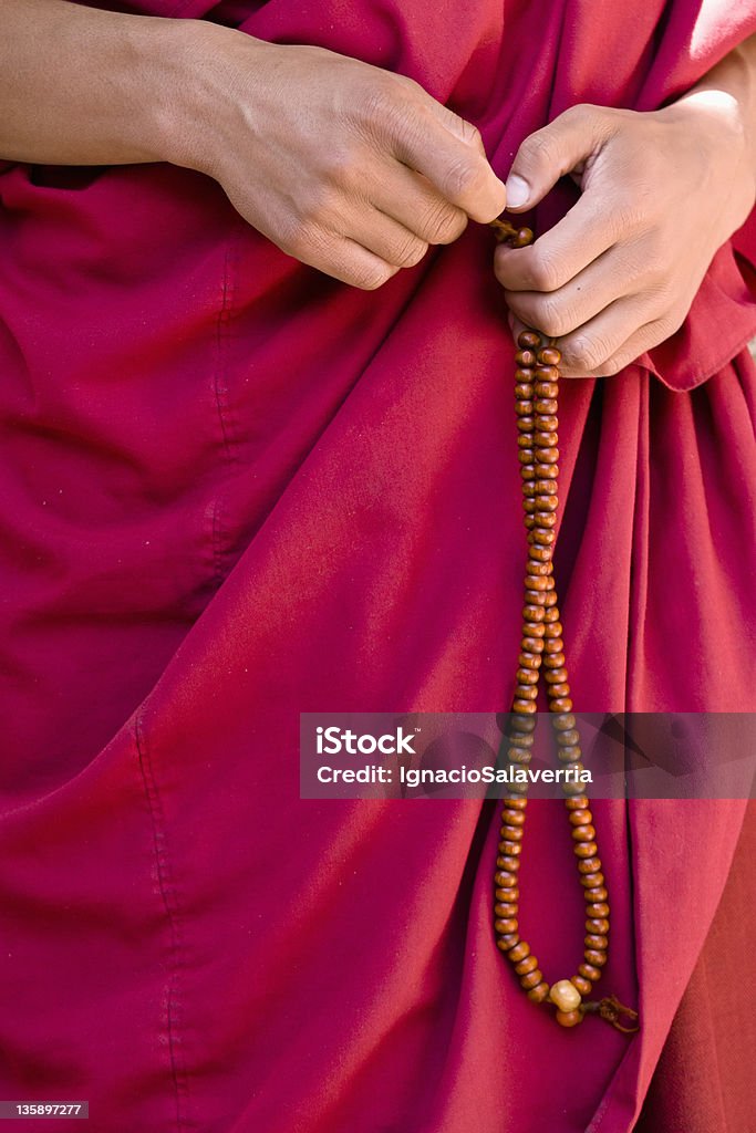 Buddhist monk praying Detail of a Buddhist monk praying. Monk - Religious Occupation Stock Photo