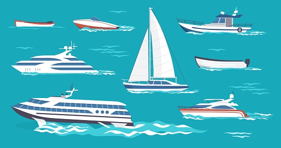 Sea ships. Cartoon passenger transport. Floating sailboat and trawler on water. Motorboat for seafood transportation. Small boats for river and lake sailing. Marine powerboat. Vector watercraft set