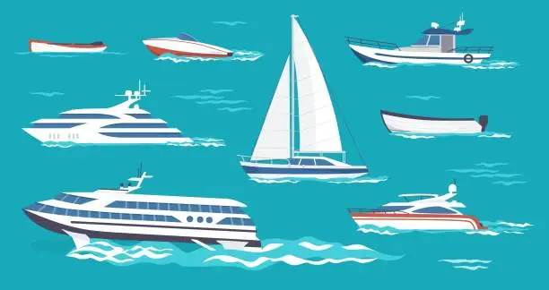 Vector illustration of Sea ships. Passenger transport. Floating sailboat and trawler on water. Motorboat for seafood transportation. Boats for river and lake sailing. Marine powerboat. Vector watercraft set