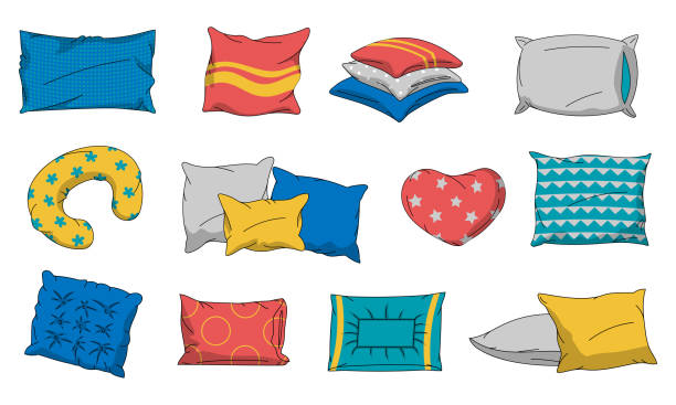 ilustrações de stock, clip art, desenhos animados e ícones de cartoon pillow. home interior bed and sofa textile decorating element. sleep bedding and comfortable cushion collection. bedroom or living room decoration. vector comfort accessories set - pillow cushion vector bedding