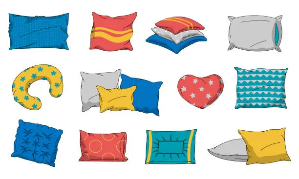 Vector illustration of Cartoon pillow. Home interior bed and sofa textile decorating element. Sleep bedding and comfortable cushion collection. Bedroom or living room decoration. Vector comfort accessories set