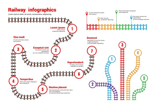Railway infographic. Train rail scheme. Subway and tram station top view map. Underground transport graphic guide. Colorful railroad route diagram template. Metro traffic plan. Vector illustration