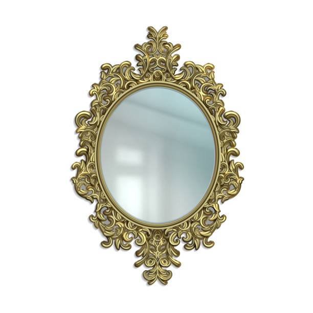 Realistic mirror with golden decorative frame. Reflective surface in Victorian ornate border. Hanging on wall royal interior decor. Round luxury framework. Vector room furnishing mockup Realistic mirror with golden decorative frame. Reflective glass surface in Victorian ornate border. Isolated hanging on wall royal interior decor. Round luxury framework. Vector room furnishing mockup mirror object borders stock illustrations