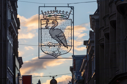 Lier, Belgium - May 16, 2016: LIER, BELGIUM - MAY 16, 2015: Stained Glass window in St Gummarus Church in Lier, Belgium, depicting the Coat of Arms of Brabant in Belgium.