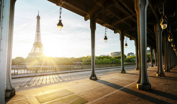 Eiffel Tower from Bir-Hakeim metal bridge in the morning, Paris, France stock photo