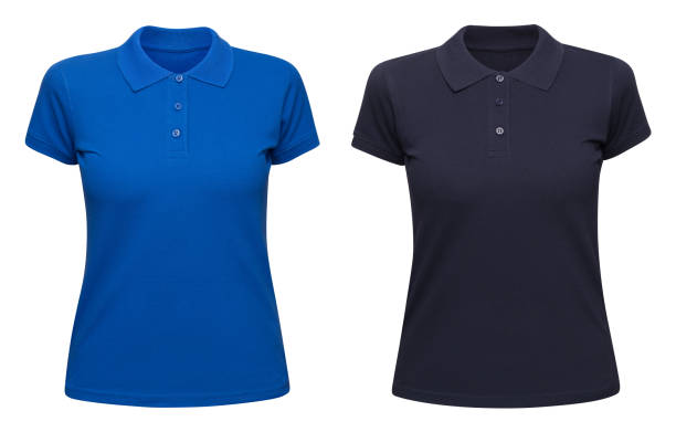 damska niebieska makieta koszulki polo z przodu używana jako szablon projektu. koszulka żeńska blank izolowana na białym. - polo shirt shirt clothing mannequin zdjęcia i obrazy z banku zdjęć