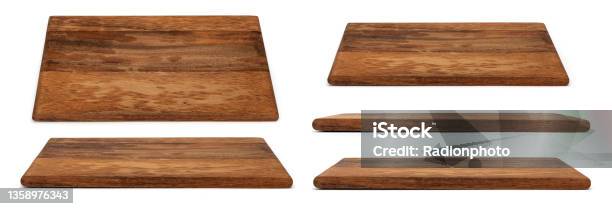 Wooden Chopping Board Isolated On White Set Of Cutting Boards In Different Angles Shots In Collage For Your Design Wood Kitchen Board Rectangle Form Stock Photo - Download Image Now