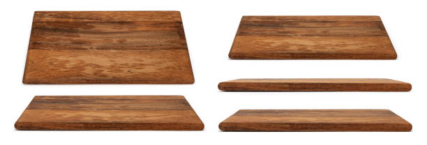 wooden chopping board isolated on white. set of cutting boards in different angles shots in collage for your design. wood kitchen board rectangle form. - wood table imagens e fotografias de stock