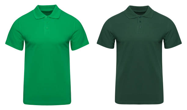 Green polo shirt mockup front used as design template. Tee Shirt blank isolated on white stock photo