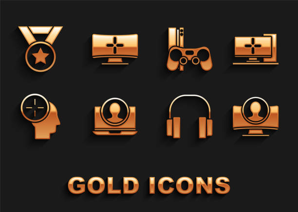 set konto erstellen bildschirm, computermonitor, kopfhörer, jagdkonzept, spielkonsole mit joystick, medaille und icon. vektor - medal control computer icon symbol stock-grafiken, -clipart, -cartoons und -symbole