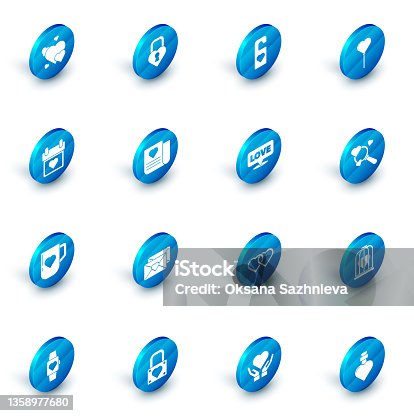 istock Set Castle in the shape of a heart, Please do not disturb with, Balloons form, Calendar, Coffee cup and, Envelope Valentine, Search love and Speech bubble text icon. Vector 1358977680
