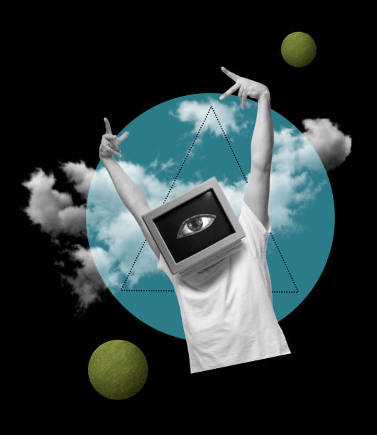 istock Contemporary art collage of cheerful man with retro computer screen isolated over surrealistic black background 1358978004