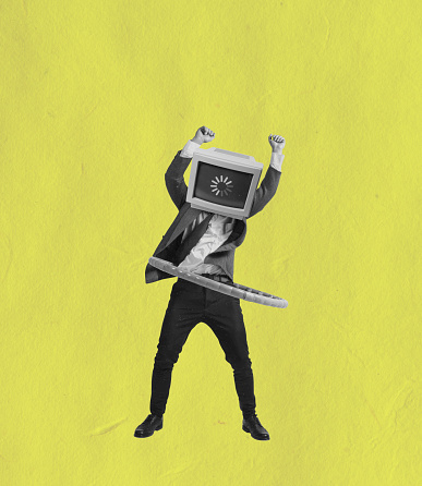 Loading screen. Contemporary art collage of man in a suit with retro computer head twisting wrap isolated over yellow background. Concept of art, crativity, inspiration, vintage. Copy space for ad