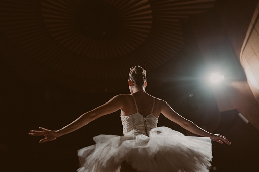 Photo of a ballerina performing on the stage of a theater.