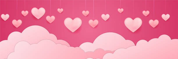 istock Red, pink and white hearts with golden confetti isolated on clouds background. Vector illustration. Paper cut decorations for Valentine's day design 1358982412